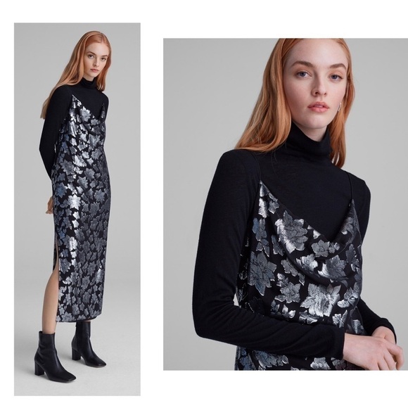 CLUB Monaco Jacquard Silk Metallic Silver Slip MIDI Dress NWT size 6 - Picture 5 of 10